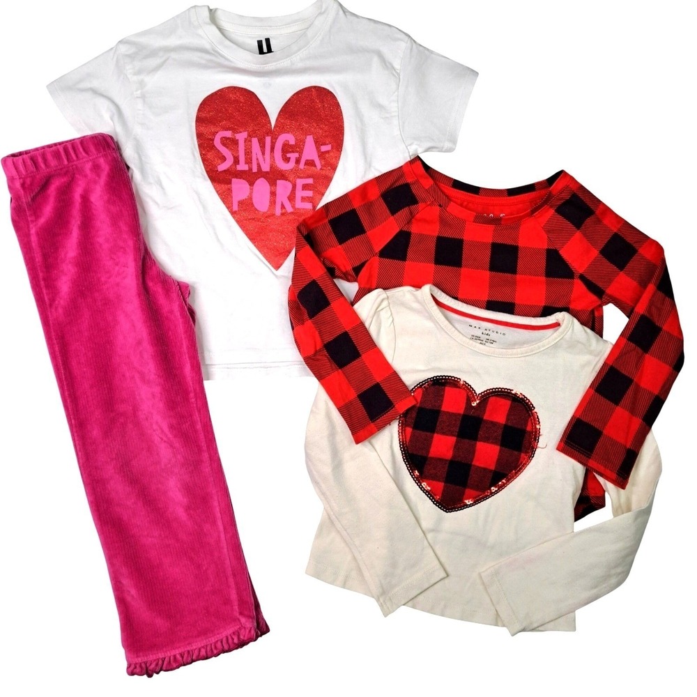 Kids Outfit Bundle Girls 4T Pink Pants Plaid Tops Heart Graphic Four Piece Set